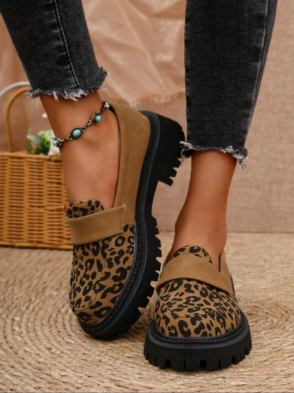 Women's Leopard Print Loafers – Round Toe, Chunky Sole, Slip-On