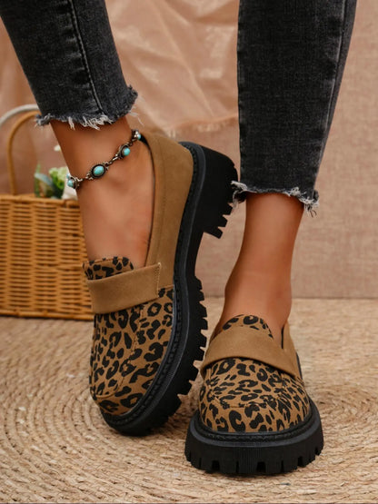 Women's Leopard Print Loafers – Round Toe, Chunky Sole, Slip-On