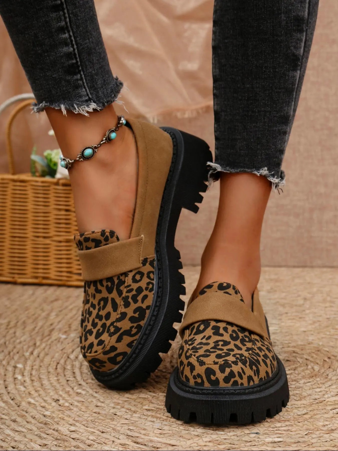 Women's Leopard Print Loafers – Round Toe, Chunky Sole, Slip-On