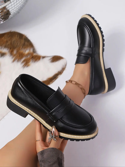 Women's Faux Leather Loafers – Pointed Toe, Chunky Sole, Low Heel