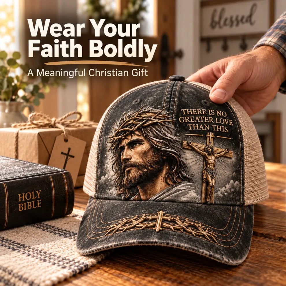 There Is No Greater Love Christian Jesus Hat – Vintage Crown of Thorns & Cross Faith Trucker Cap (100% Cotton)