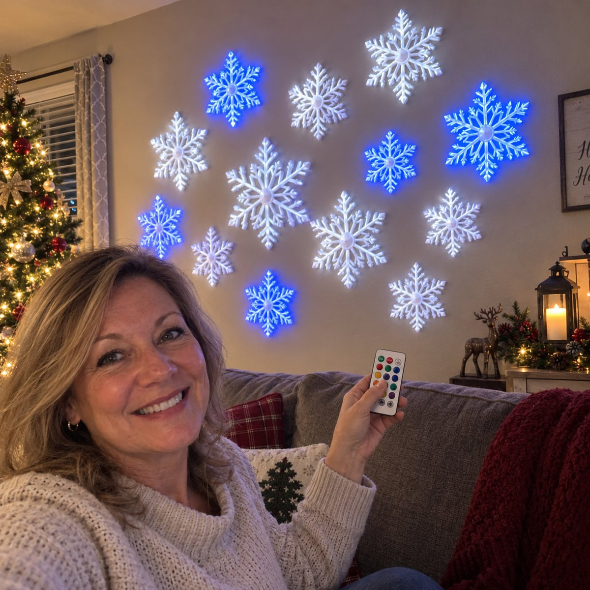 LED Snowflake Wall Lights | 3D Christmas Snowflake Décor with Blue & White Glow, Remote Control & Magical Indoor Holiday Atmosphere