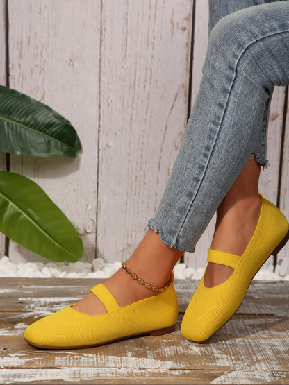 Women's Knit Mary Jane Flats – Square Toe, Heel Strap, Slip-On