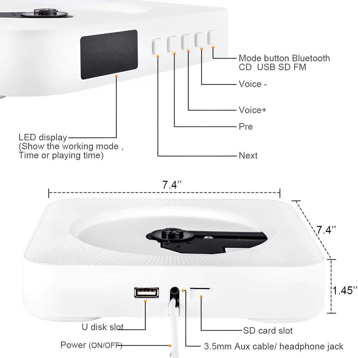 Wall-Mounted CD Player & Bluetooth Speaker System