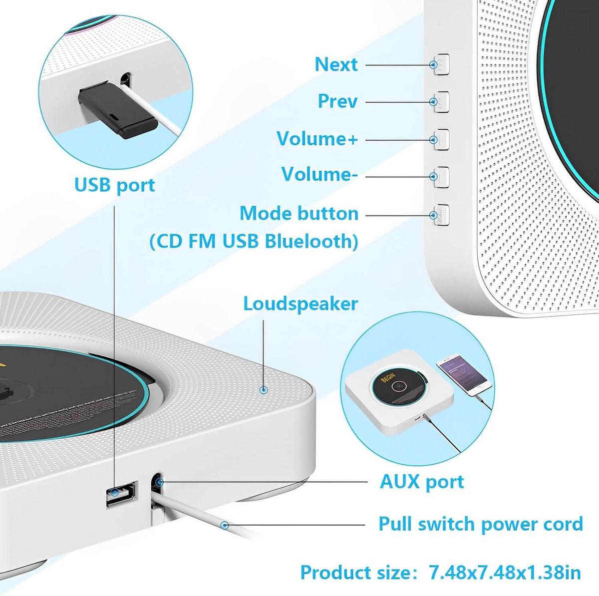 Wall-Mounted CD Player & Bluetooth Speaker System