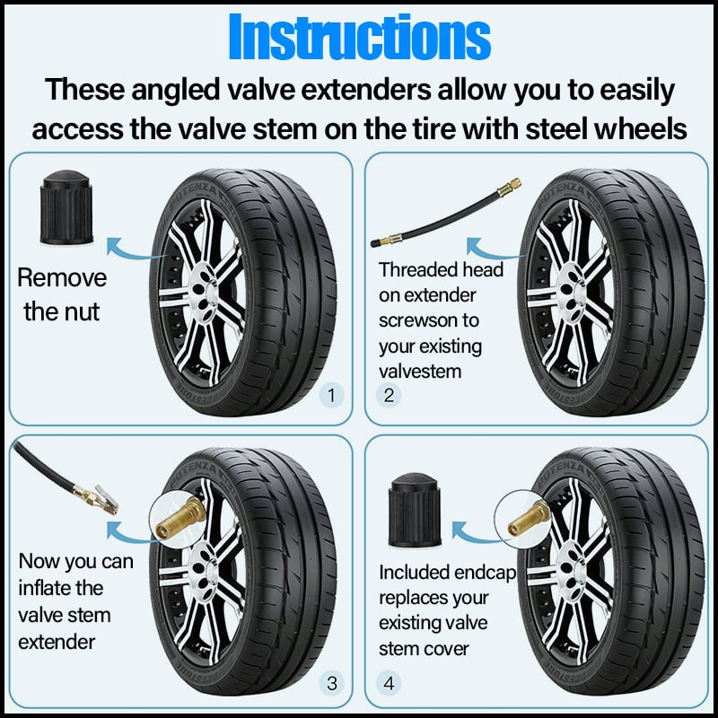 Garage Essential Universal Flexible Tire Valve Extenders for Car, Motorcycle, RV, Truck, Bike, Scooter