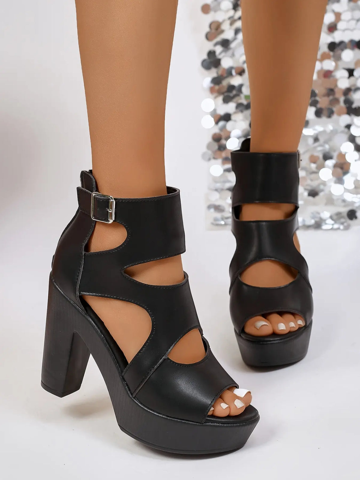 Women's Wedge Sandals – Cut-Out, High Heel, Zip