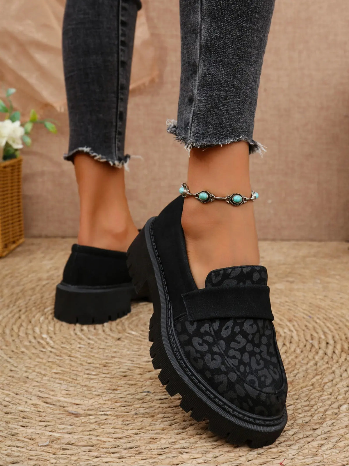 Women's Leopard Print Loafers – Round Toe, Chunky Sole, Slip-On