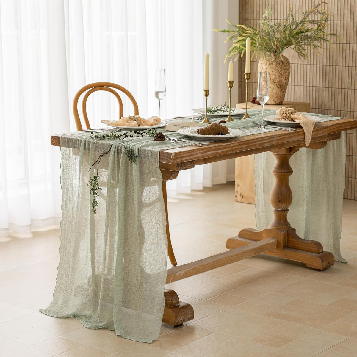 Boho Crinkle Gauze Table Runner 120 Inches for Weddings, Parties & Home Decor