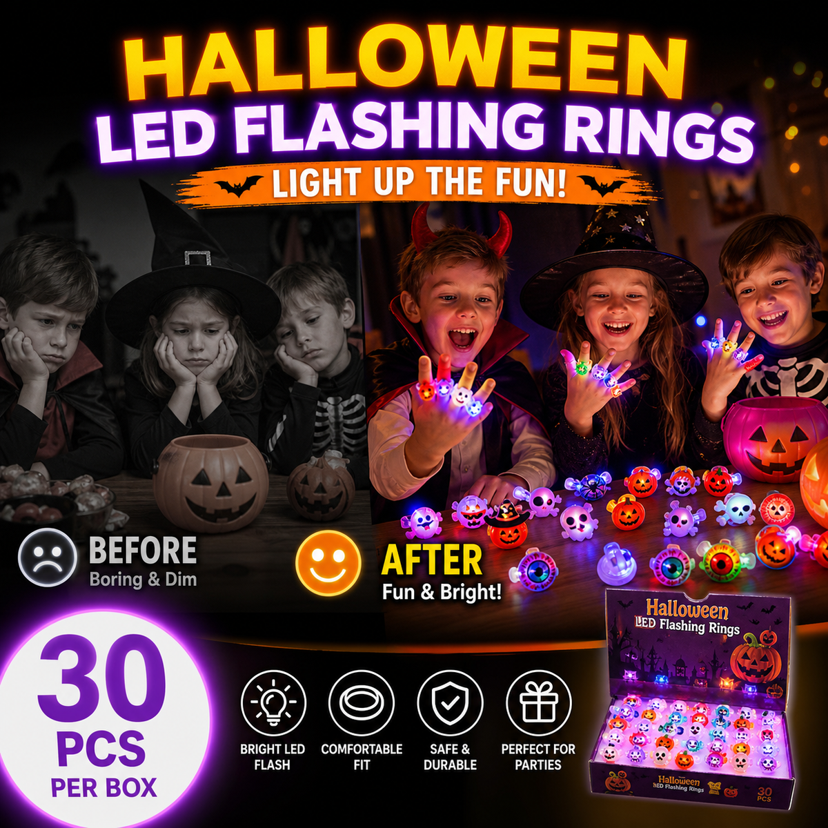 50 Pieces Each Box‼LED Light Halloween Glowing Ring | Flashing Light‑Up Party Favor for Halloween Night