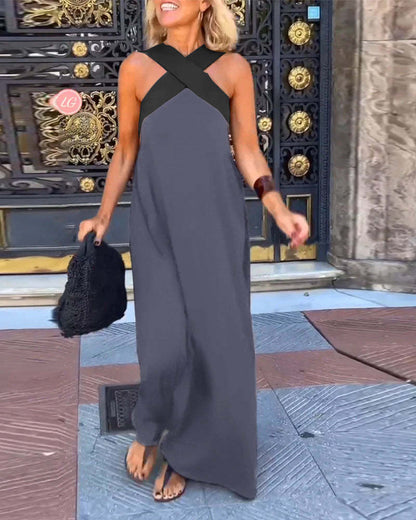 Women's Halter Neck Sleeveless Stitching Midi Dress