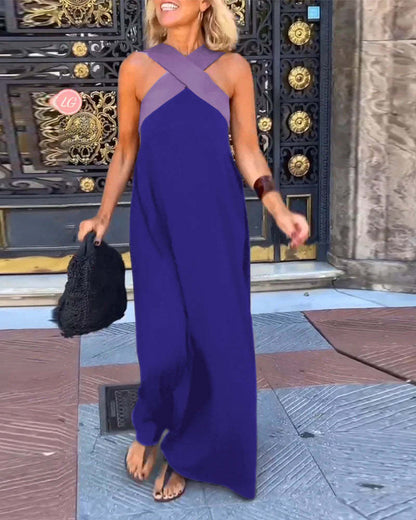 Women's Halter Neck Sleeveless Stitching Midi Dress