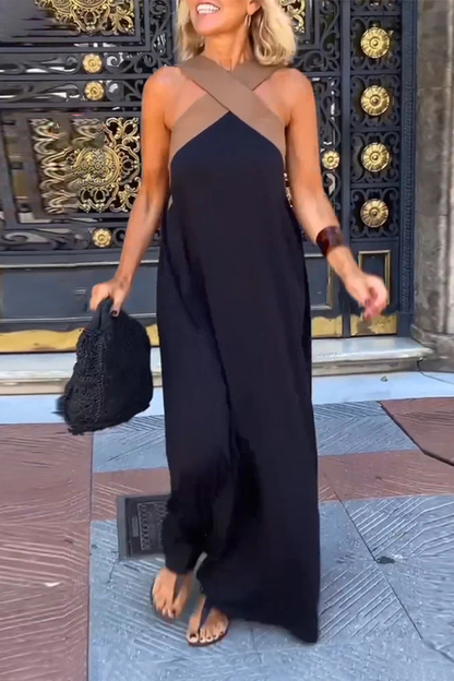 Women's Halter Neck Sleeveless Stitching Midi Dress