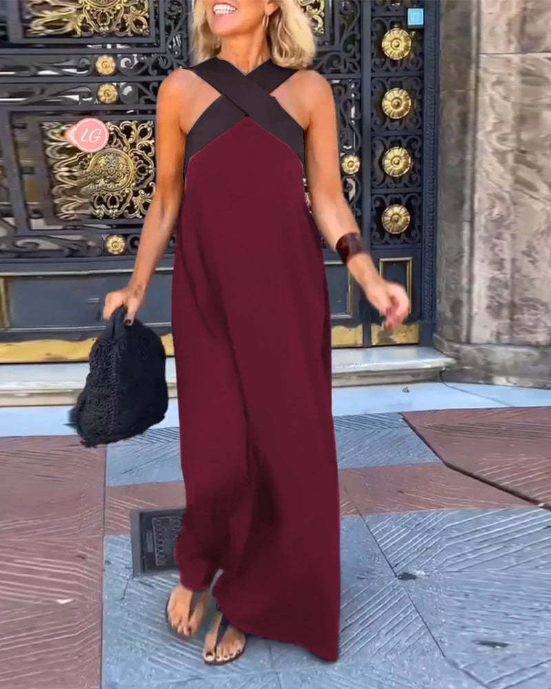 Women's Halter Neck Sleeveless Stitching Midi Dress