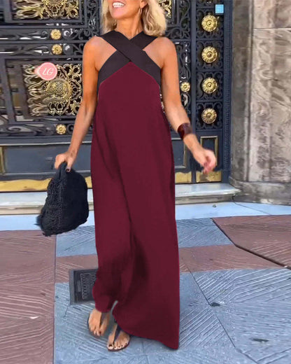Women's Halter Neck Sleeveless Stitching Midi Dress