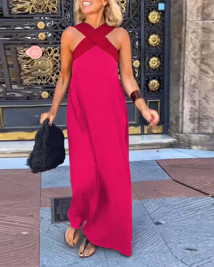 Women's Halter Neck Sleeveless Stitching Midi Dress