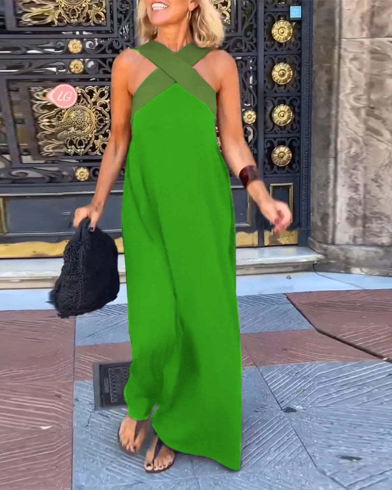 Women's Halter Neck Sleeveless Stitching Midi Dress