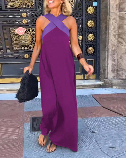 Women's Halter Neck Sleeveless Stitching Midi Dress