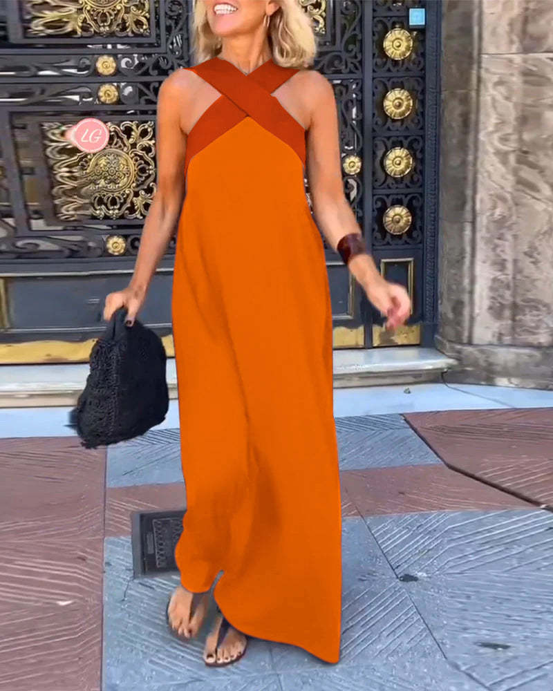 Women's Halter Neck Sleeveless Stitching Midi Dress
