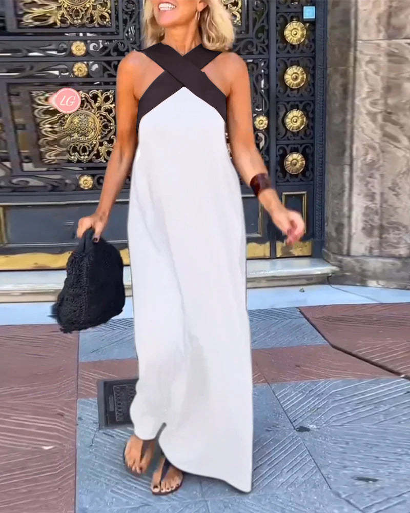 Women's Halter Neck Sleeveless Stitching Midi Dress