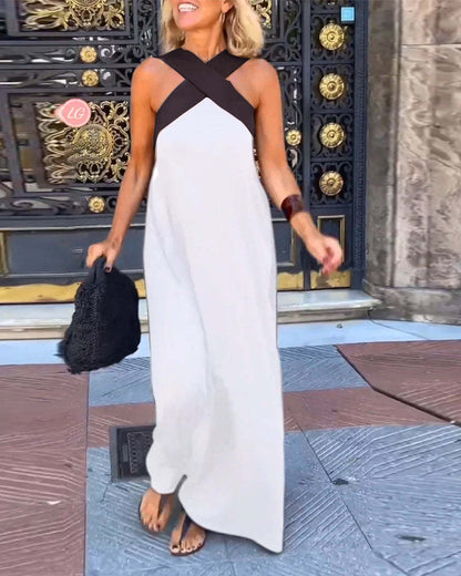 Women's Halter Neck Sleeveless Stitching Midi Dress