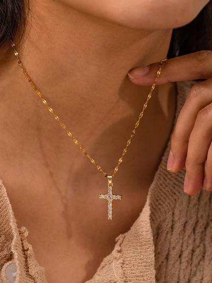 Gold Cross Necklace with Sparkly Zirconia Stones