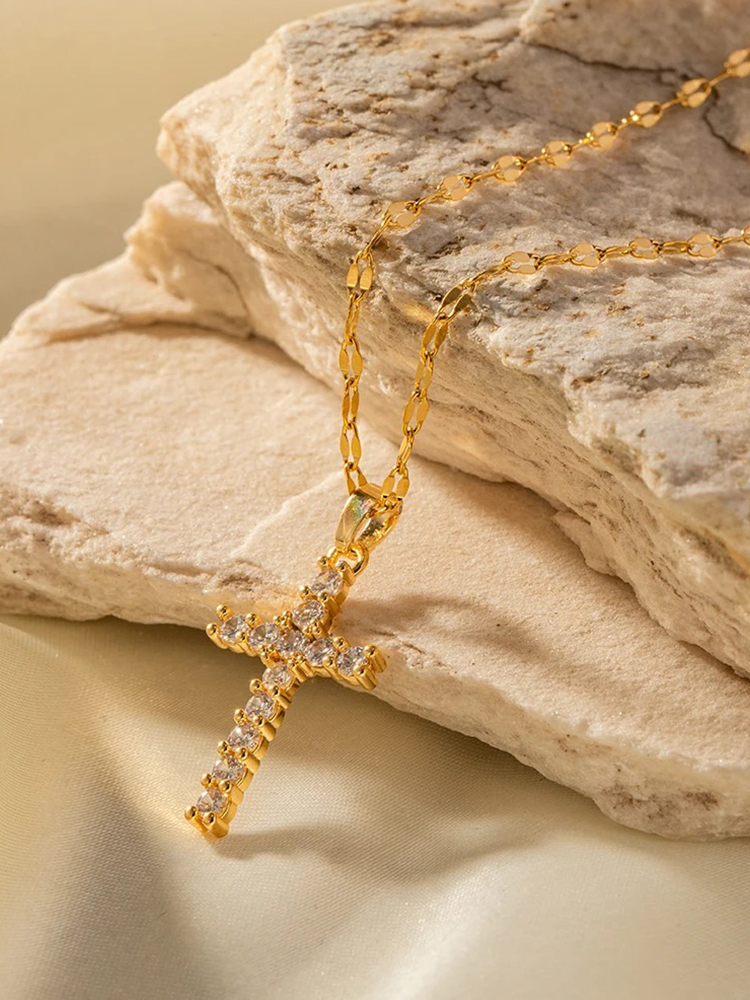 Gold Cross Necklace with Sparkly Zirconia Stones