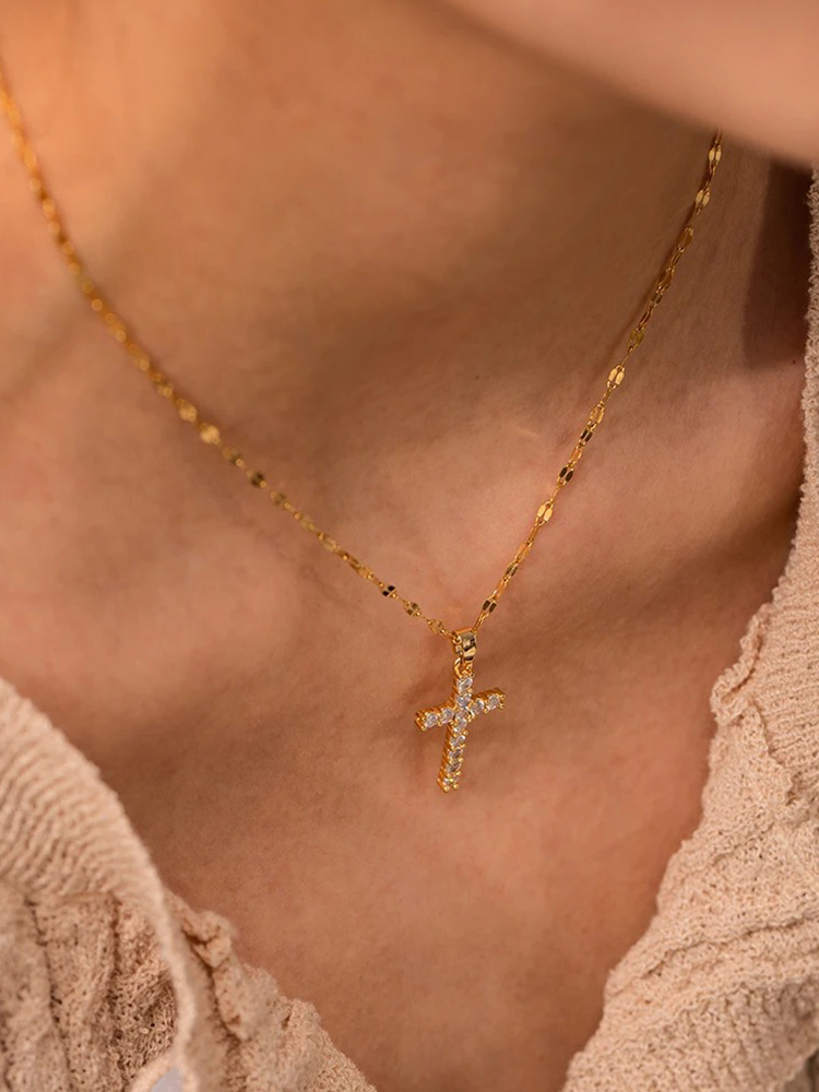 Gold Cross Necklace with Sparkly Zirconia Stones