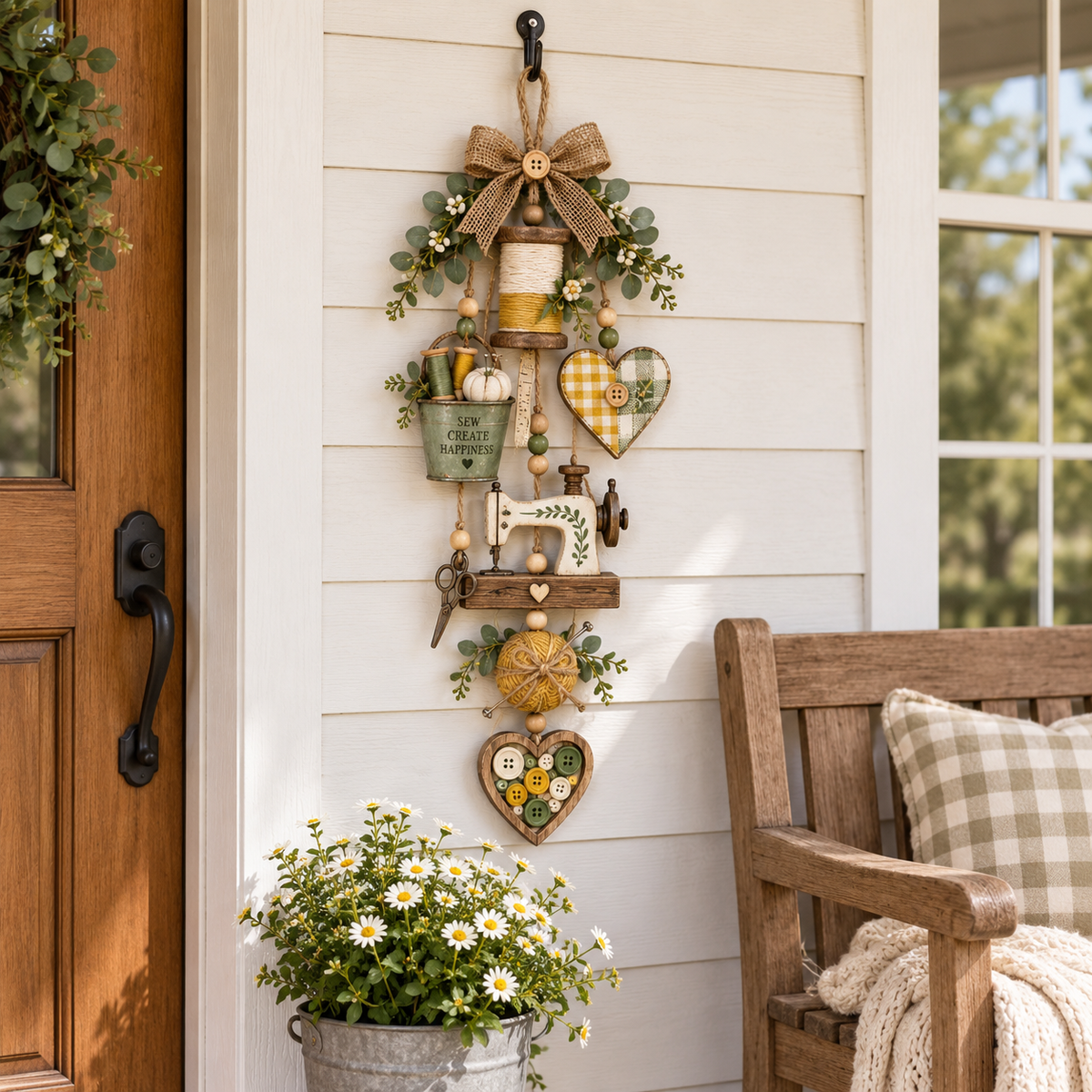 Rustic Wooden Sewing - Themed Hanging Ornament with Remote Control Fairy Lights