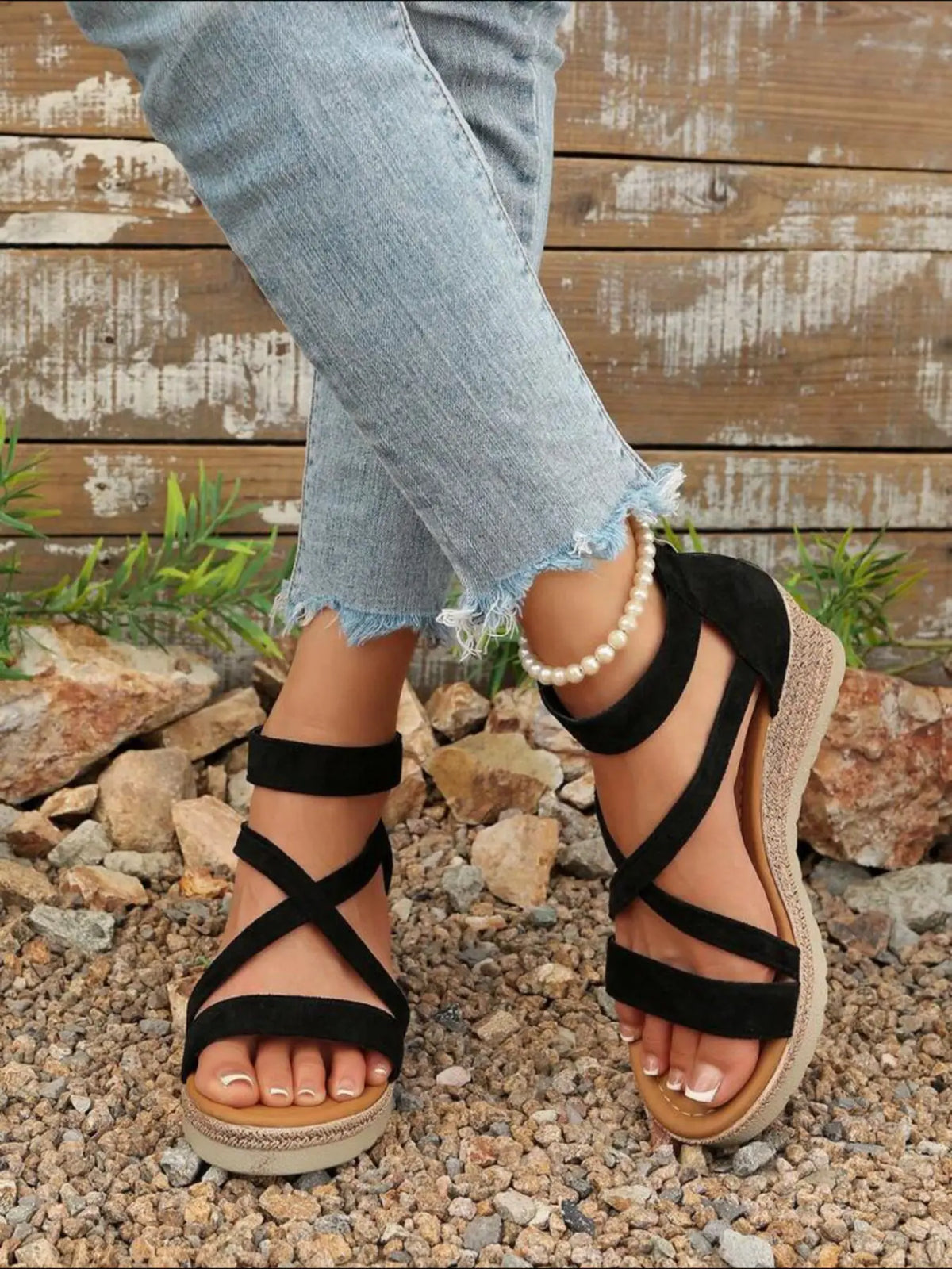 Women's Velvet Wedge Sandals – Chunky Sole, Cross-Strap