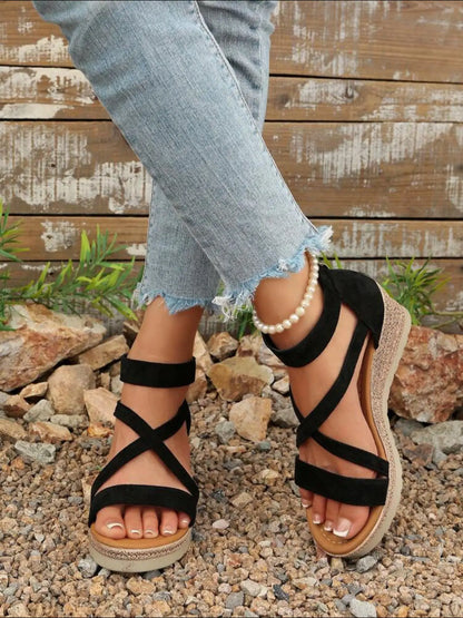 Women's Velvet Wedge Sandals – Chunky Sole, Cross-Strap