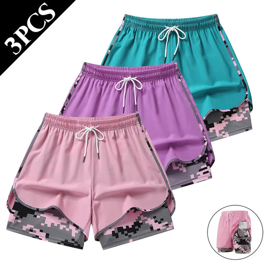 3 Pack Women Lightweight Double Layer Athletic Running Shorts for Summer Yoga Beach