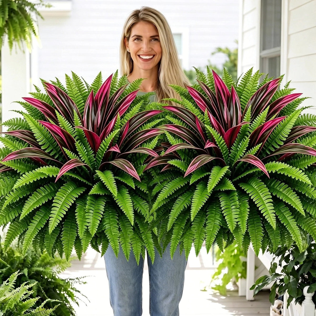 Summer Special UV-Resistant Artificial Fern & Red Dracaena Decorative Plants – Full, Lush & Fade-Resistant!