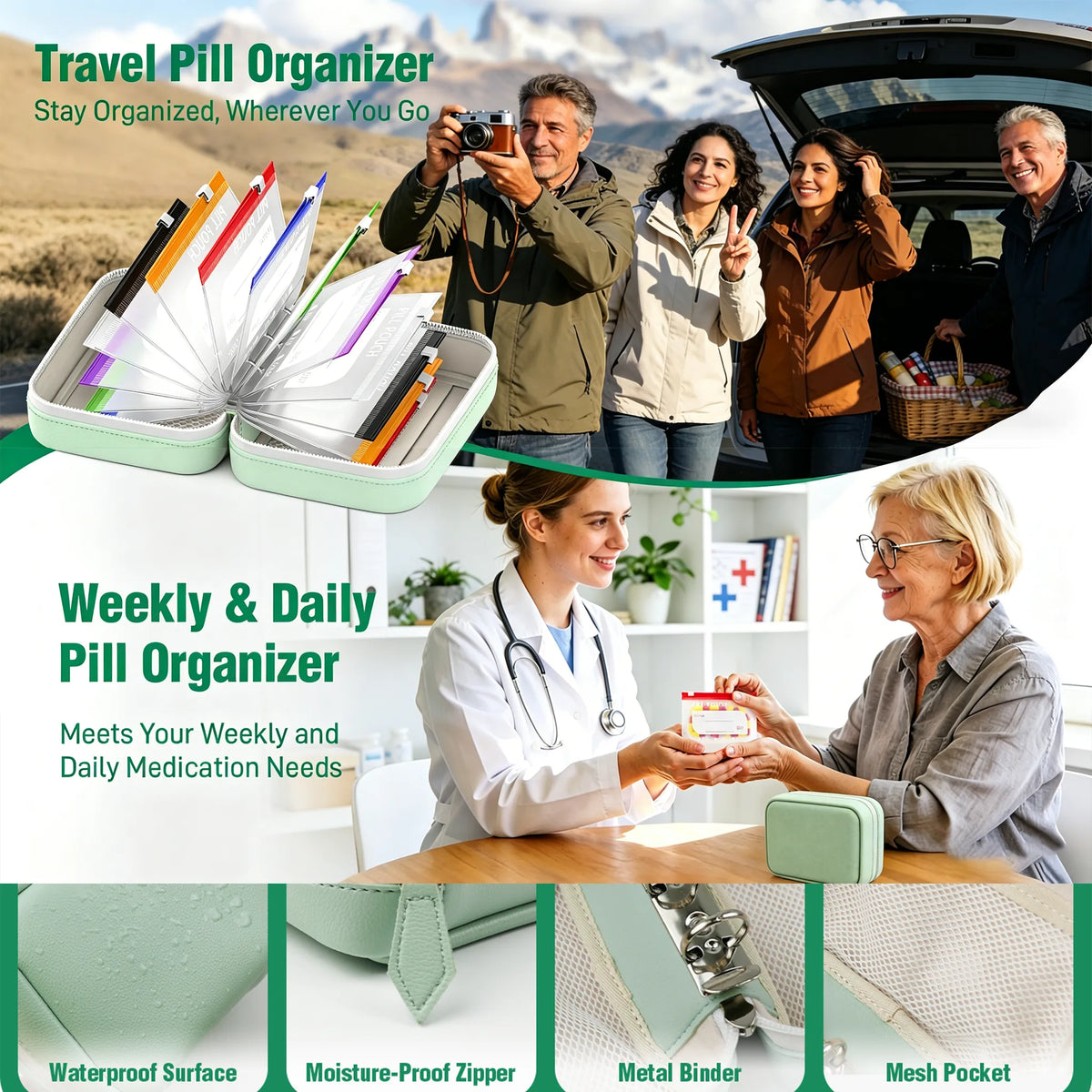 A8 Waterproof 14-Pouch Weekly Pill Organizer, Color-Coded Travel Storage for Vitamins & Supplements