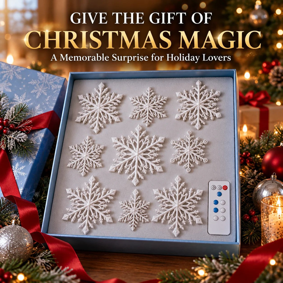 LED Snowflake Wall Lights | 3D Christmas Snowflake Décor with Blue & White Glow, Remote Control & Magical Indoor Holiday Atmosphere