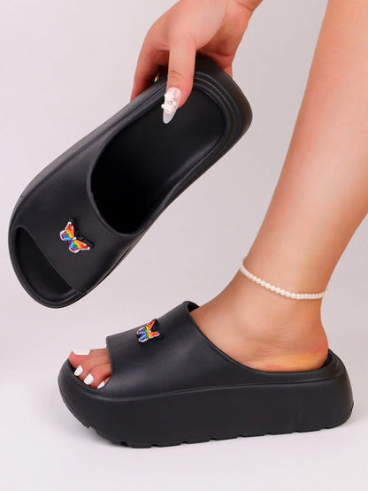 Women's Butterfly Print Cartoon Print Slides – Chunky Sole, Lightweight