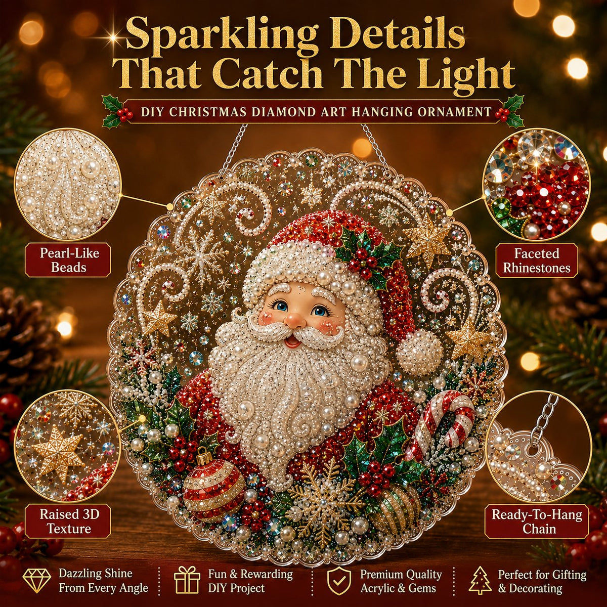 Premium Christmas Pearl Diamond Art Ornament Kit | DIY Holiday Hanging Decor