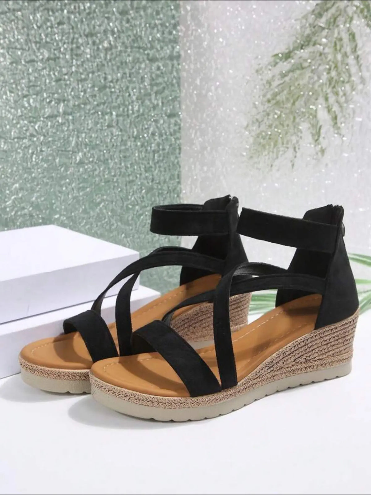 Women's Velvet Wedge Sandals – Chunky Sole, Cross-Strap