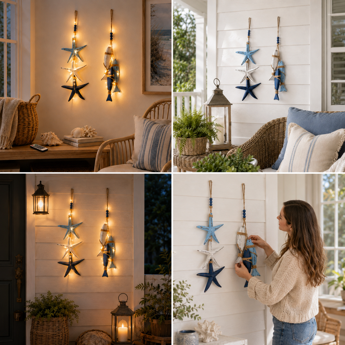 2026 HOT SALELighted Coastal Wooden Starfish & Fish Hanging Decor