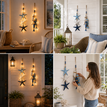 2026 HOT SALELighted Coastal Wooden Starfish & Fish Hanging Decor