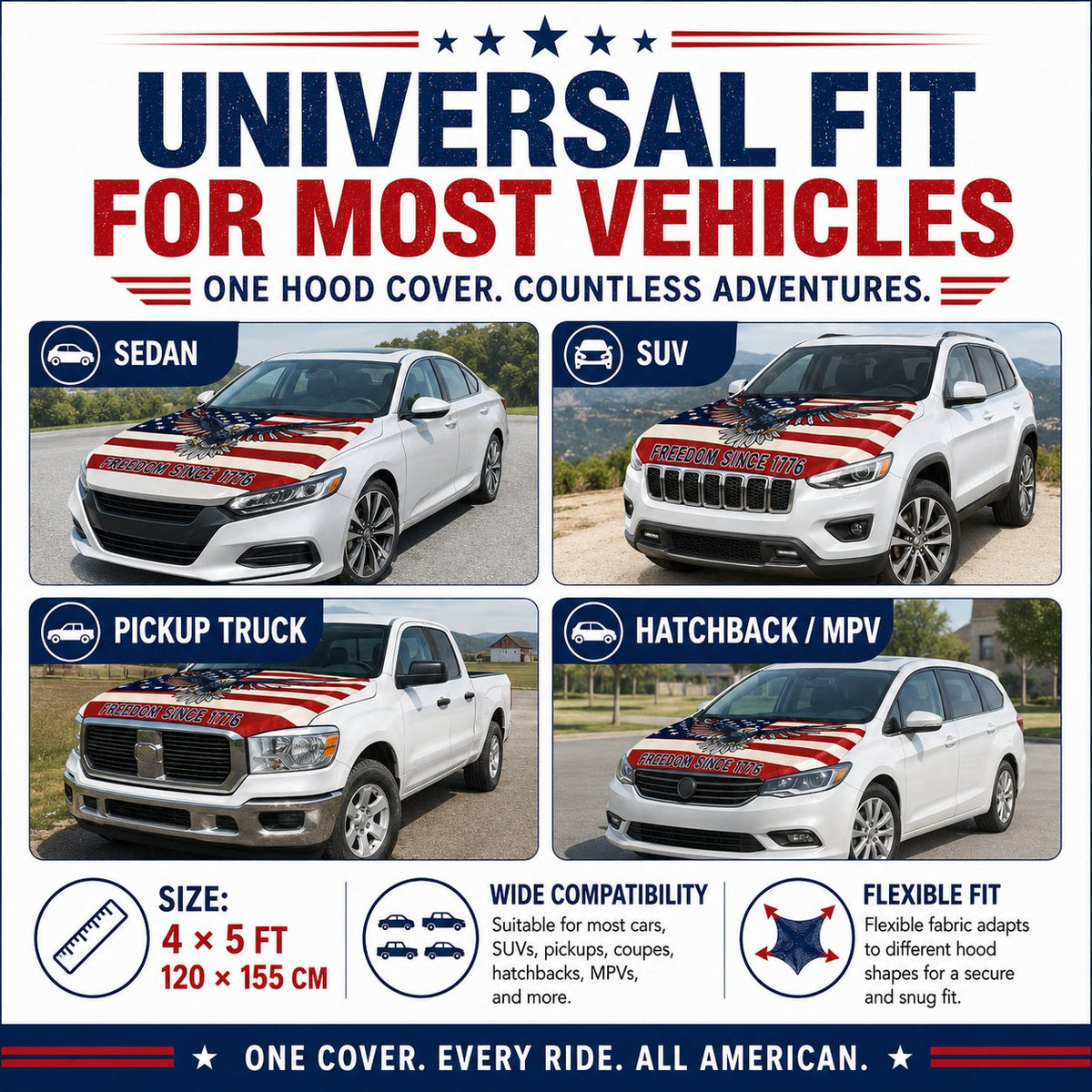 Universal American Hood Flag Cover - Fits Most Cars, SUVs & Pickups
