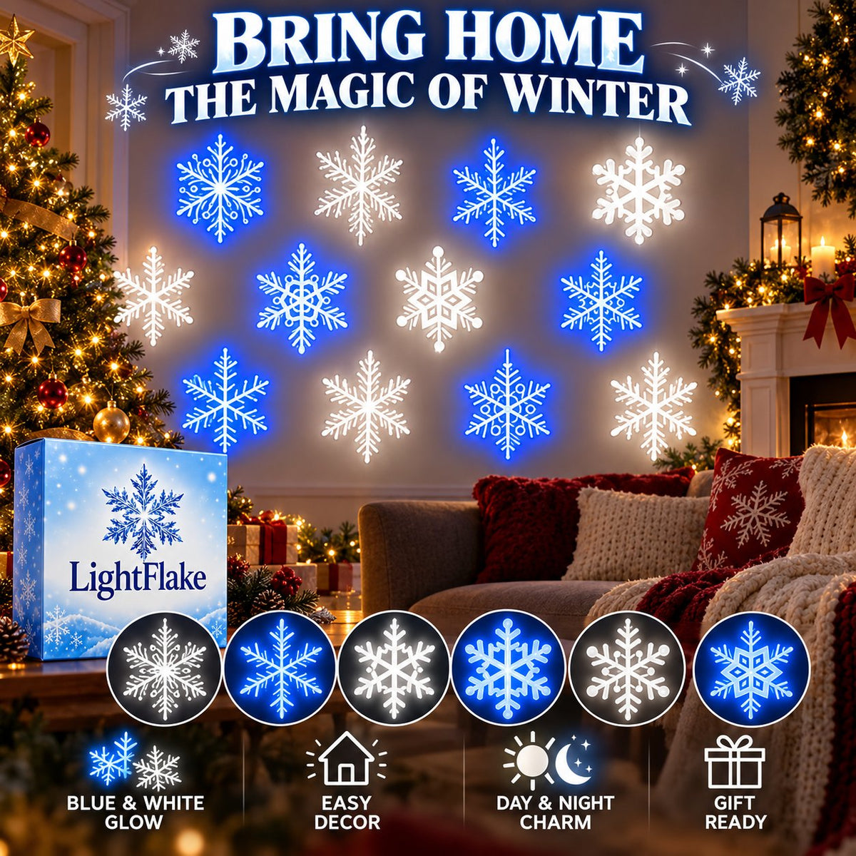 Last Day 49% OFF – LED Snowflake Wall Lights with Blue & White Glow, Remote Control