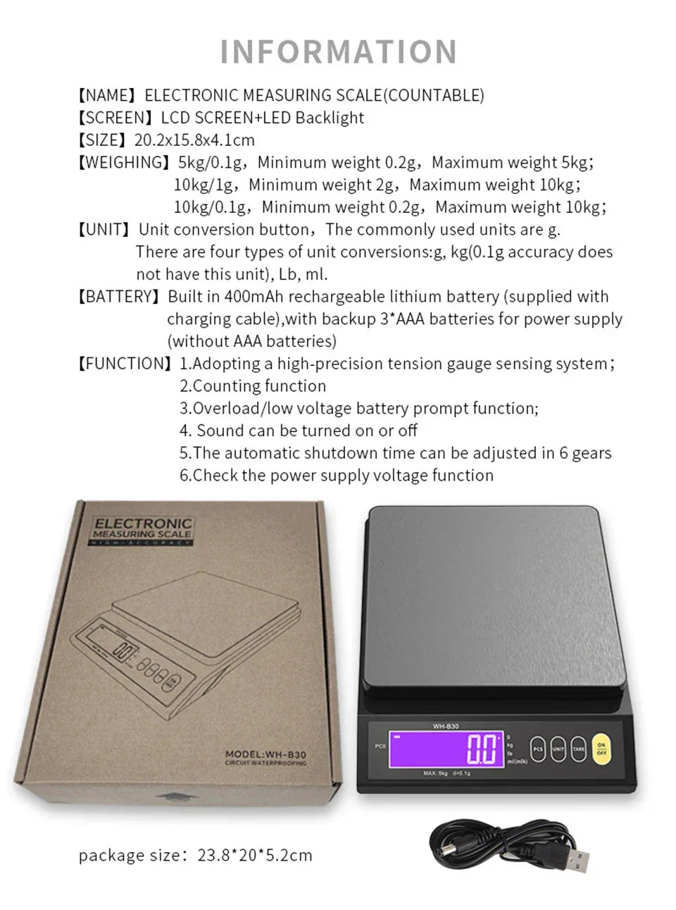 Davy | Stainless steel kitchen scale: 5kg/0.1g or 10kg/1g, waterproof