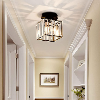 Davy | Brass & Crystal Flush Mount Light – Compact Square Design