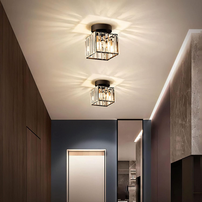 Davy | Brass & Crystal Flush Mount Light – Compact Square Design