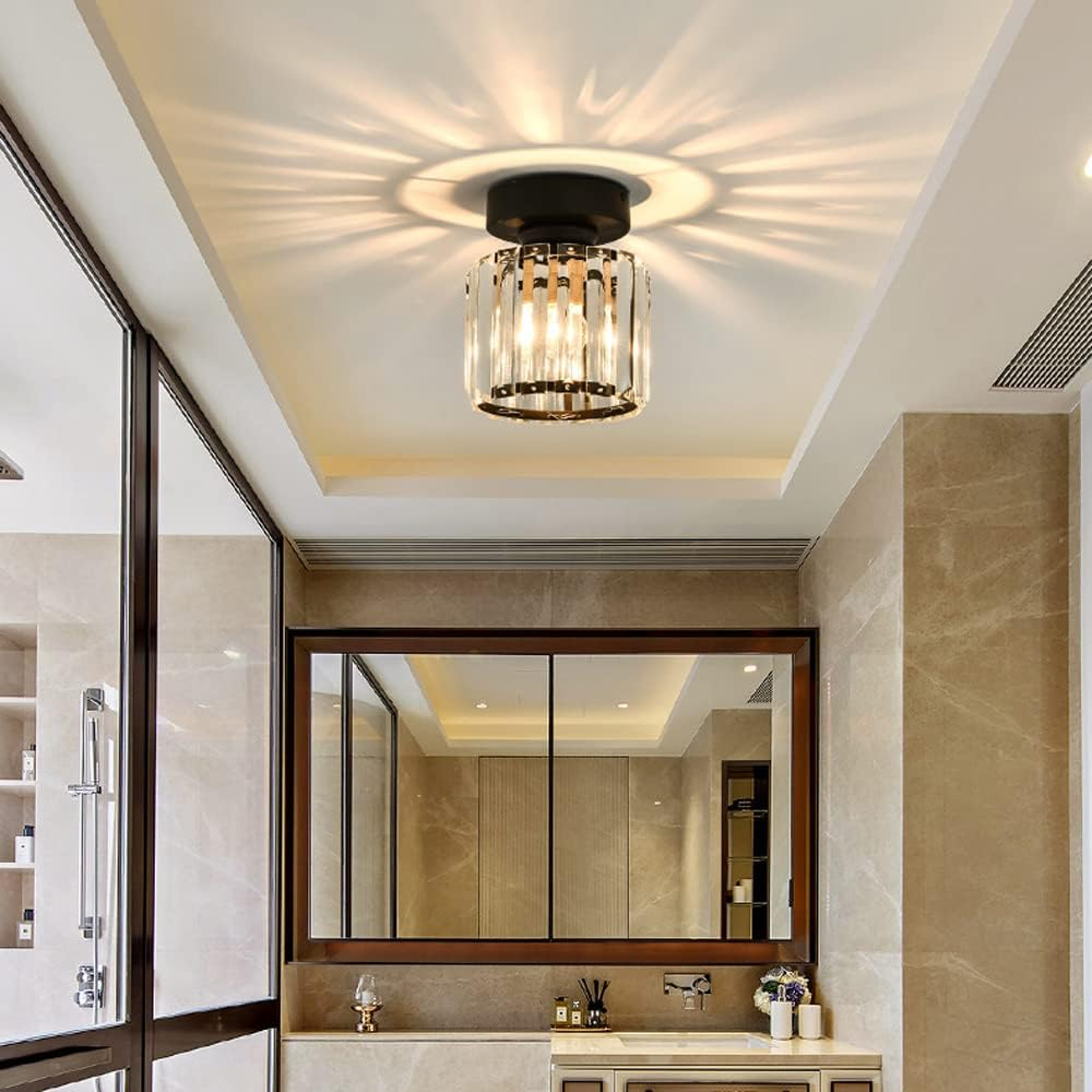 Davy | Brass & Crystal Flush Mount Light – Compact Square Design