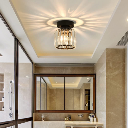 Davy | Brass & Crystal Flush Mount Light – Compact Square Design