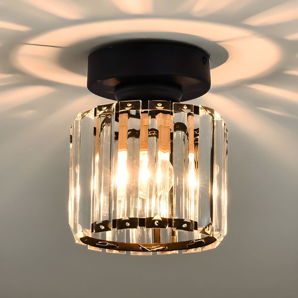 Davy | Brass & Crystal Flush Mount Light – Compact Square Design