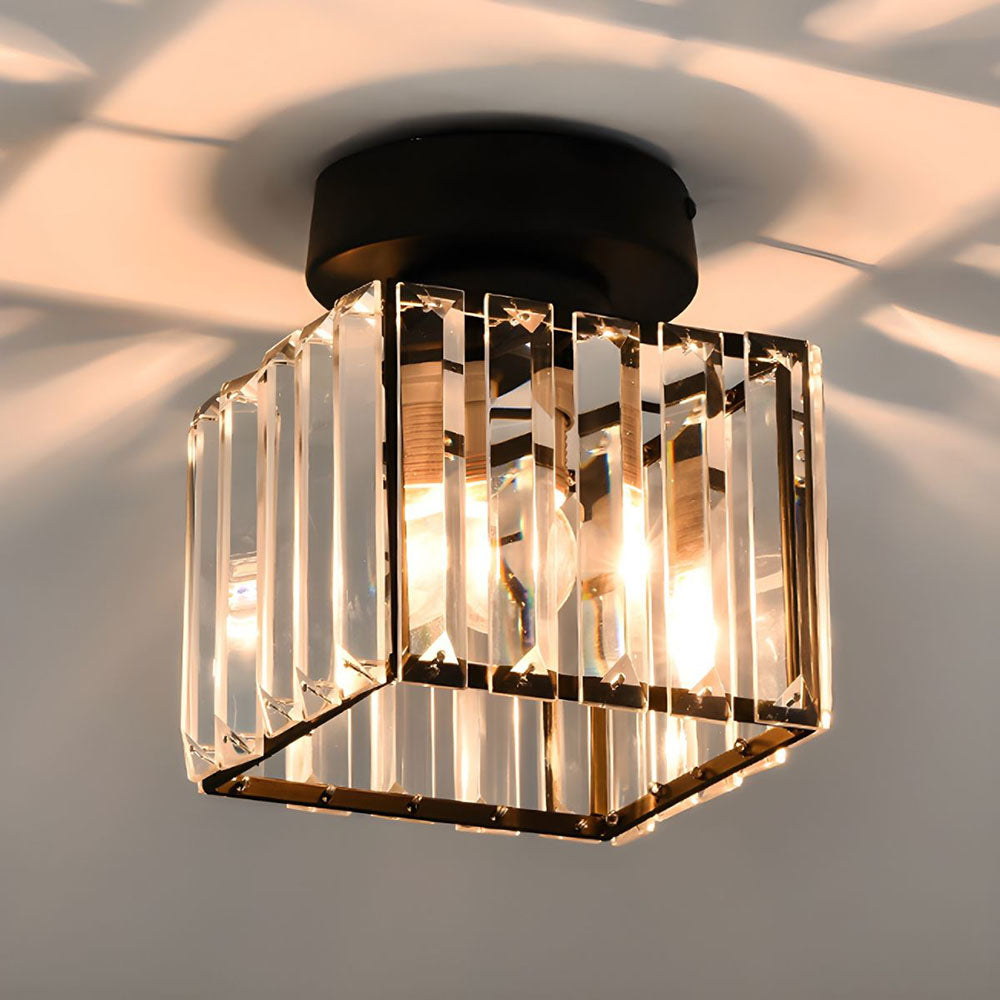 Davy | Brass & Crystal Flush Mount Light – Compact Square Design