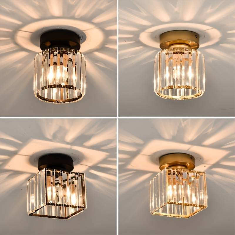 Davy | Brass & Crystal Flush Mount Light – Compact Square Design